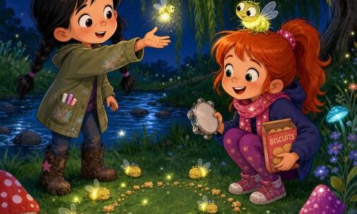 Three characters: Maya, 7, black hair in two braids, wearing a khaki jacket with chalk stains and muddy boots, standing left foreground reaching toward a small light; Poppy, 7, red hair in a ponytail, sparkling pink scarf, holding a small metal tambourine and a biscuit tin, crouched right smiling by a circle of crumbs; and Fizz, an anthropomorphic firefly (she), a tiny yellow-green glowing body with a sparkling dust ruff and translucent wings perched on Poppy’s hair, watching the girls. Setting: a shallow meadow by a stream with short velvety grass, colorful mushrooms, a large weeping willow in the background, small phosphorescent flowers and about a dozen sleeping fireflies dotting the ground. Main scene: the girls gently wake a cluster of fireflies in a crumb circle—amber and soft green lights gradually coming on—clear warm-night, humorous tender style, joyful expressions and dynamic poses.