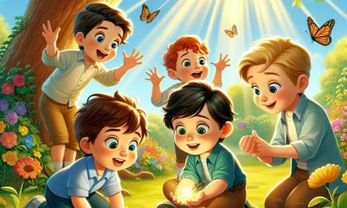 In a sunny garden, five little boys aged 6 to 7 play together. Sam, a boy with brown hair and colorful glasses, stands in the center holding a shiny little stone. To his right, Ben, a boy with messy blonde hair, looks at the stone with wide eyes and a big smile. To Sam's left, Lucas, a boy with black hair, squats down to get a better look, his hands on his knees. Behind them, Tom, a boy with red hair, gestures dramatically while telling a story, and Max, a boy with brown hair, claps enthusiastically. The garden is filled with colorful flowers and butterflies fluttering around. A large tree with dense foliage provides shade, while rays of sunlight filter through the branches, illuminating the group with a golden light. The main scene shows Sam discovering the magical stone, while the other boys gather around him, captivated by the whispered stories from the stone. They laugh and share ideas about what the magic could be, creating a joyful and friendly atmosphere.