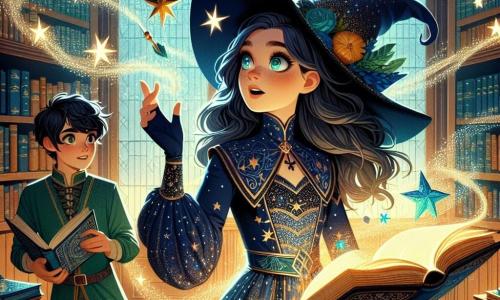 Elara Moonshadow, a thirteen-year-old witch, stands at the center of a magical room, her eyes shining with excitement and determination. She wears a midnight blue witch's robe adorned with sparkling stars and a pointed hat that seems to float slightly above her head. In her hand, she holds a glowing wand, ready to cast a spell. Beside her, Orion Nightshade, a boy with black hair and sparkling eyes, watches in admiration. He is also around thirteen, dressed in a green tunic and leather pants, holding an ancient book and flipping through its pages with a look of wonder. The scene takes place in the magical library of the Academy of Witchcraft, where intricately carved wooden shelves are filled with books with golden covers. Glimmers of light float in the air, and flying scrolls dance around them, creating an enchanting atmosphere. Elara prepares to cast a powerful spell to lift an ancient curse, her face illuminated by the glow of the surrounding magic. The library walls are adorned with portraits of legendary wizards, their eyes seemingly following every movement, adding a touch of mystery to this captivating scene.