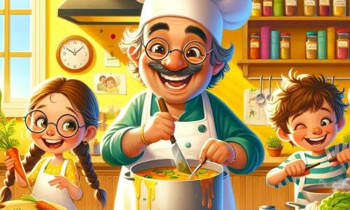O personagem principal é um homem, o Chef Carlos, que usa um grande chapéu branco em forma de nuvem e um avental colorido cheio de manchas de molho. Seu rosto é sorridente e cheio de entusiasmo enquanto ele corta legumes com cuidado, cercado por uma aura de magia culinária. Ao lado dele está Ana, uma menina de 8 anos com cabelos castanhos trançados e óculos redondos, que admira o Chef Carlos, segurando uma cenoura nas mãos, pronta para adicioná-la à sopa. Um pouco mais longe, Lucas, um menino de 7 anos com cabelos loiros bagunçados, se diverte misturando os ingredientes em uma grande panela, rindo de alegria. A cena acontece em uma cozinha iluminada e colorida, com paredes amarelas vibrantes e prateleiras cheias de potes de especiarias e livros de receitas. Legumes frescos estão espalhados sobre a bancada de madeira, e uma grande janela deixa entrar a luz do sol, iluminando a atmosfera acolhedora. A situação principal mostra o Chef Carlos e as crianças em plena atividade culinária, rindo e se divertindo juntos enquanto preparam uma sopa mágica, criando memórias alegres e laços de amizade na cozinha.