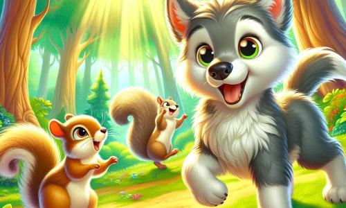 Em uma clareira ensolarada da floresta, um pequeno lobo cinza de olhos brilhantes chamado Léo dança alegremente com esquilos. Léo tem um pelo suave e sedoso, e sua expressão é cheia de maravilha e felicidade. Ele está no centro da cena, pulando com entusiasmo. Perto dele, uma esquilo de pelo castanho claro, com uma cauda fofa, sorri e convida Léo a dançar. O local é uma clareira vibrante, cercada por árvores majestosas com folhas verdes brilhantes, e flores coloridas espalhadas pelo chão. Raios de sol filtram-se através dos galhos, criando uma atmosfera mágica e acolhedora. A cena principal mostra Léo participando de uma dança alegre com os esquilos, celebrando a diversidade e a amizade em um festival colorido, onde cada criatura se reúne para compartilhar suas tradições e histórias.