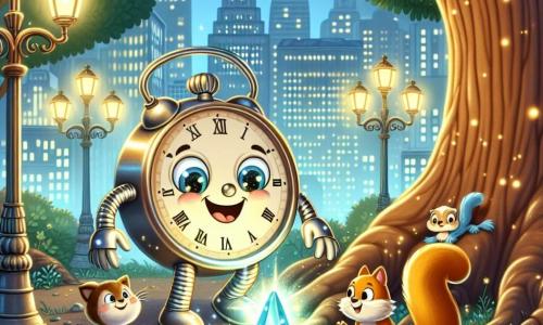 Tic-Tac, um pequeno relógio antropomórfico com um rosto sorridente, braços e pernas de metal brilhante, está no centro de um parque urbano, com os olhos brilhando de excitação ao descobrir uma pedra mágica cintilante enterrada sob as raízes de uma grande árvore. Ao seu lado, Estrelinha, uma pequena gata com olhos brilhantes e pelagem suave como seda, observa com curiosidade, suas orelhas em pé e um sorriso travesso no rosto. Pipo, um esquilo travesso com pelagem marrom e cauda fofa, sobe em um galho acima deles, observando a cena com orgulho e entusiasmo. O parque é iluminado por lampiões de formas fantásticas, cercado por árvores com folhas brilhantes, e uma suave melodia parece emanar da velha árvore, criando uma atmosfera mágica e encantadora. A cena principal mostra Tic-Tac e seus amigos descobrindo a pedra mágica, simbolizando a harmonia restaurada na cidade, com faíscas de luz cintilante ao redor deles.