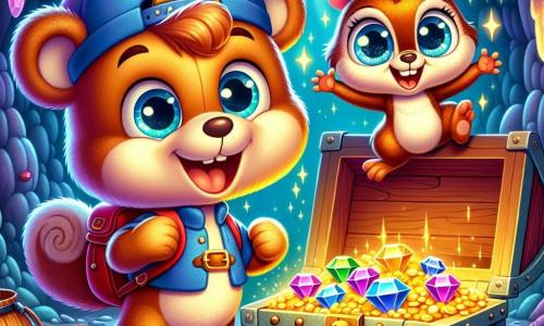 Benny Bear, an adorable teddy bear wearing a small blue hat and a red backpack, stands in front of a large wooden chest, his eyes shining with excitement and a wide smile on his face. Next to him, Sophie Squirrel, a small brown squirrel with sparkling eyes, jumps for joy, her tiny paws raised, full of enthusiasm. The chest is open, revealing sparkling stones and a pot of golden honey, as they find themselves in a magical cave illuminated by fireflies, with walls shimmering with colorful crystals. The main scene shows Benny and Sophie discovering the hidden treasure, surrounded by an atmosphere of mystery and joy, ready to celebrate their incredible adventure together.