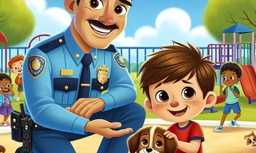 A smiling police officer in his thirties with brown hair and a mustache wears a bright blue uniform and a shiny badge on his chest. He is kneeling with a kind and determined expression, holding a small brown dog with floppy ears in his arms, looking at it tenderly. Next to him, an 8-year-old boy named Lucas, with chestnut hair and sparkling eyes, wears a red t-shirt and blue shorts. He is crouched down with his hands on his hips, displaying a big smile of relief and joy as he looks at his reunited dog. In the background, a lively schoolyard is filled with children playing on colorful swings and slides, surrounded by lush trees and a clear blue sky dotted with fluffy white clouds. The scene captures the moment when the police officer and Lucas find the lost dog, surrounded by curious and happy classmates celebrating the joy of friendship and helping each other.