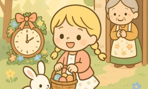 Een stralend en vrolijk 8-jarig meisje met blonde twee staartjes, glanzende ronde ogen, pastelroze jasje en stippenjurk, loopt glimlachend met een gevlochten mandje vol gekleurde paaseieren; naast haar snuffelt een zacht, nieuwsgierig wit konijntje met grote oren vlak voor haar rechterbeen; op de achtergrond bij de cottage staat een ongeveer 65-jarige grootmoeder met grijs haar in een knot, een liefelijke glimlach en een bloemig schort, handen gevouwen; locatie: een bosopen plek met zachtgroen gras en gele en blauwe bloemen, gouden zonnestralen door de bomen en een grote houten klok versierd met linten en bloemen; hoofdtaferelen: het meisje deelt kleurrijke paaseieren, warme, lichte sfeer, eenvoudige compositie, zachte contouren en pastelpalet (roze, hemelsblauw, muntgroen, zacht geel).