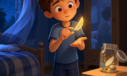 Een 12-jarige jongen met rond gezicht en sproeten, warrig bruin haar en grote nieuwsgierige ogen, verwonderde zachte uitdrukking; hij staat op sokken bij zijn bed en houdt voorzichtig een kleine gouden veer tussen duim en wijsvinger. De glanzende veer trilt licht, wijst als een kompas boven een open hand en werpt een warme glans. Op de nachtkast staat een glazen pot met kleine voorwerpen (blauwe knoop, witte veer, gestreepte steen), open en licht fonkelend, net achter de jongen op een lichte houten tafel. De kamer is nachtelijk maar badend in zacht maanlicht: houten vloer, gestreepte deken, kast met een licht mistige spiegel en een blauw gordijn dat waait. Intieme, rustige scène waarin de jongen naar de veer luistert die de weg lijkt te wijzen; licht gebogen hoofd, kadrering in mid-shot, warme kleuren voor de objecten en zachte blauwtinten voor de nacht.