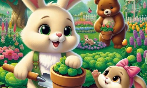 Im Zentrum des Bildes steht ein kleiner Hase namens Felix mit einem weichen, seidigen cremefarbenen Fell. Er hält eine kleine Holzschaufel und lächelt entschlossen. Seine großen Ohren sind aufgestellt, und seine Augen funkeln vor Aufregung, während er Samen in einen bunten Garten pflanzt. Neben ihm schaut Lila, ein hübscher Hase mit hellbraunem Fell und einer rosa Schleife im Haar, bewundernd zu Felix. Sie hält eine kleine Blume, die sie gerade gepflückt hat, und ist bereit, ihm zu helfen. Im Hintergrund hebt ein großer Braunbär namens Bruno mit dickem Fell und freundlichem Gesichtsausdruck einen schweren Blumentopf mit einem ermutigenden Lächeln, um die jungen Hasen in ihrem Vorhaben zu unterstützen. Der Garten ist ein bezaubernder Ort, gefüllt mit leuchtenden Blumen in allen Farben, grünen Gemüse und majestätischen Bäumen, die Schatten spenden. Schmetterlinge fliegen um die Blumen, und die Sonne scheint fröhlich am klarblauen Himmel. Die Hauptsituation zeigt Felix und seine Freunde, die gemeinsam im Garten arbeiten und den Geist der Zusammenarbeit und Gleichheit verkörpern, während sie sich vereinen, um einen schönen Raum zu schaffen, in dem alle Tiere willkommen sind.