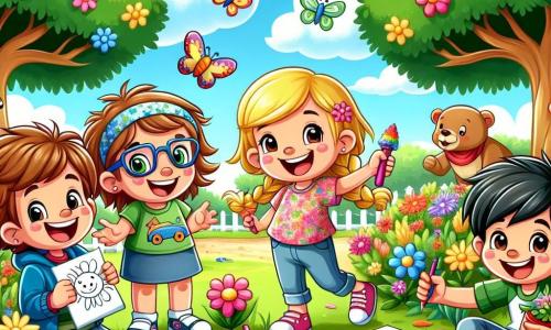 In einem sonnigen Park versammeln sich vier Kinder, um den Frühling zu feiern. Max, ein siebenjähriger Junge mit zerzausten braunen Haaren und einer blauen Jacke mit Auto-Motiven, lacht und hält ein Zeichnungsblatt in der Hand. Neben ihm zeigt Mia, ein Mädchen mit geflochtenen blonden Haaren und einem rosa Blumenkleid, stolz ihre Zeichnung von Blumen. Ben, ein Junge mit kastanienbraunen Haaren und einem grünen T-Shirt, schenkt Limonade in bunte Becher ein. Schließlich spielt Leo, ein Junge mit schwarzen Haaren und einem roten Pullover, Musik mit einer kleinen Gitarre. Der Park ist voller bunten Blumen, großer Bäume mit leuchtend grünen Blättern und Schmetterlingen, die umherfliegen. In der Ferne sieht man einen hellblauen Himmel mit einigen weißen, flauschigen Wolken. Die Kinder haben Spaß, lachen und tanzen, während sie den Park mit ihren Zeichnungen von Blumen und Tieren dekorieren und so die Schönheit des Frühlings und die Freude an der Freundschaft feiern.