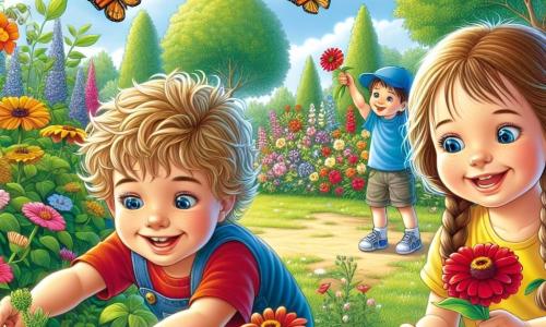 Ein vierjähriger Junge namens Lukas mit zerzausten blonden Haaren und strahlenden Augen hockt in einem grünen Park, umgeben von bunten Blumen. Er lächelt breit, fasziniert von den Blumen, die er pflückt, während seine kleinen Hände zart eine leuchtend rote Blume halten. Neben ihm beobachtet Clara, ein fünfjähriges Mädchen mit geflochtenen braunen Haaren und einem gelben T-Shirt, begeistert. Sie steht mit erhobenen Armen da, als wolle sie einen Schmetterling fangen, der in der Nähe fliegt. Etwas weiter weg sammelt Ben, ein vierjähriger Junge mit braunen Haaren und einer blauen Mütze, Zweige, um ihnen zu helfen, einen Blumenkranz zu machen. Er lächelt, während er Lukas und Clara ansieht und ihre Freude teilt. Der Park ist voller Grün mit großen Bäumen, deren Blätter leuchtend grün sind, und Blumen in allen Farben, die im leichten Wind tanzen, unter einem hellblauen Himmel mit ein paar weißen Wolken. Die Hauptsituation zeigt Lukas, Clara und Ben, die zusammen im Park spielen, lachen und Spaß haben, während sie einen wunderschönen Blumenkranz kreieren, der das Staunen und die Freude des Frühlings symbolisiert.
