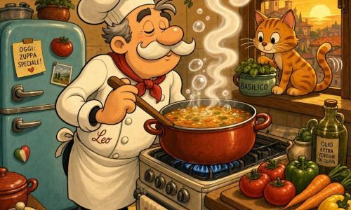 Ein lächelnder, warmer Chef namens Leo mit kurzen grauen Haaren, großer weißer Schnurrbart, etwas weiter weißer Kochjacke und großer runder Kochmütze rührt mit einem großen Holzlöffel in einem dampfenden Topf auf dem Herd; keine anderen Personen; eine kleine orange getigerte Katze sitzt am rechten Fensterbrett, schaut die Suppe an, wedelt mit dem Schwanz und hat die Pfote auf einem Kräutertopf; die kleine, gemütliche Küche hat hellgelbe Fliesen, hölzerne Regale mit roten und grünen Tontöpfen, einen großen pastellblauen Vintage-Kühlschrank und eine Holzarbeitsplatte mit buntem Gemüse (Tomaten, Karotten, Paprika); der Chef riecht an der dampfenden Suppe, weiße, wellende Dampfsaulen, glänzende Blasen im Topf und warmes Sonnenuntergangslicht durchfluten den Raum, angenehme, tröstliche Stimmung; Grafikstil: dicke schwarze Konturen, lebhafte gesättigte Farben, einfache Texturen und runde Formen, übertriebene Mimik und fließende Posen im Rubber-Hose-Stil.