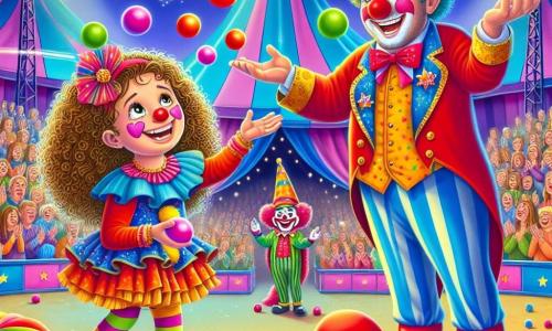 Una ragazza di 12 anni, Silvia, con capelli ricci e un grande sorriso, è al centro dell'immagine. Indossa un costume da clown colorato, con un naso rosso e scarpe sovradimensionate, mentre sta facendo giocoleria con palline multicolori, il suo volto illuminato dalla gioia e dall'eccitazione. Accanto a lei, Pompierone, un clown gioioso di circa 30 anni, con il viso dipinto di rosso e blu, ride cercando di aiutarla a giocolare, con le sue grandi scarpe che scivolano sul pavimento. Sullo sfondo, il grande tendone del circo "Magie e Miracoli" si erge, pieno di colori vivaci e luci scintillanti, con spettatori meravigliati che applaudono. La scena mostra Silvia e Pompierone in piena performance, creando un'atmosfera di magia e risate, dove amicizia e spettacolo si incontrano.