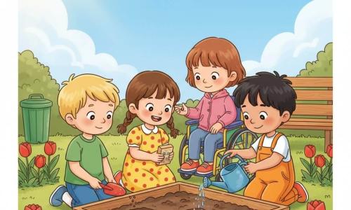 Vier Kinder, alle 3 Jahre alt: Ben, Junge mit kurzen blonden Haaren, grünes T‑Shirt und blaue Shorts, links mit kleiner Plastikkelle, schaut auf ein Loch im Boden; Ida, Mädchen mit braunen Zöpfen, gelbes Kleid mit roten Punkten, in der Mitte, lächelt und hält eine kleine Samenschachtel über das Loch; Tom, Junge mit zerzausten schwarzen Haaren, orange Latzhose, rechts kniend, gießt behutsam Wasser aus einer blauen Gießkanne; Lina, Mädchen mit kurzen kastanienbraunen Haaren und rosa Jacke, sitzt in einem bunten Kinderrollstuhl hinter Ida und legt eine Samen in das Loch. Ort: kleiner Holzhochbeet am Parkweg, dunkle feuchte Erde, einige rote Tulpen und weiße Gänseblümchen, eine Holzbank im Hintergrund, blauer Himmel mit sanfter Sonne, eine grüne Mülltonne links und ein gelber Vogel auf dem Beet. Hauptsituation: Die vier pflanzen gemeinsam eine Samen, glänzende Samen in Idas Hand, Wasserperlen beim Gießen, ruhige fröhliche Ausdrücke, langsame zärtliche Gesten, warme helle Atmosphäre.