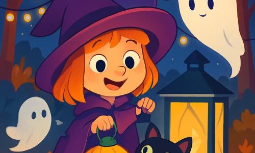 Una niña de 6 años, Clara, lleva una capa violeta y un gran sombrero que le cae sobre la nariz. Tiene ojos brillantes de curiosidad y una sonrisa alegre, sosteniendo un farol en forma de calabaza que ilumina su rostro. A su lado, un fantasma amistoso flota suavemente con una expresión dulce y un aire un poco tímido, mientras una gran hoja de papel blanco danza a su alrededor. Un gato negro llamado Tinta, con ojos verdes brillantes, se frota contra sus piernas, su pequeño cuerpo brillando bajo la luz de la luna. La escena tiene lugar en un parque encantado, donde árboles con hojas doradas se alzan bajo un cielo nocturno estrellado. Guirnaldas de luces brillantes cuelgan entre las ramas y sombras bailan sobre el suelo cubierto de hojas crujientes. Clara y sus amigos descubren un gran farol apagado en el centro de la plaza, rodeados de risas de niños y el aroma de chocolate caliente. Juntos, buscan encender el farol para iluminar la noche de Halloween, creando una atmósfera mágica y cálida.