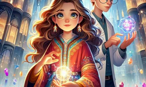 Una niña de 12 años, Alina, está en el centro de la imagen, con cabello largo y ondulado de color castaño claro, ojos brillantes de curiosidad y una sonrisa decidida. Lleva una túnica colorida con motivos mágicos y sostiene en su mano una esfera luminosa que pulsa energía. A su lado, un niño de 13 años, Kai, tiene el cabello castaño desordenado y gafas redondas que le dan un aire inteligente. Está manipulando un pequeño dispositivo tecnológico, con los ceños fruncidos de concentración, mientras mira a Alina con admiración. El escenario se desarrolla en la majestuosa Ciudad de los Cristales, donde edificios brillantes de vidrio y metal se elevan hacia el cielo, iluminados por luces mágicas. Cristales de colores flotan en el aire, creando una atmósfera mágica y dinámica. La situación principal muestra a Alina y Kai unidos, frente a un cristal negro amenazante que emite un resplandor oscuro, mientras se preparan para usar la Llave de la Armonía para restaurar el equilibrio entre la magia y la tecnología.