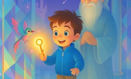 Leo, un niño de cabello castaño alborotado sonríe maravillado; lleva chaqueta espacial azul y botas plateadas y sostiene una llave dorada que emite un halo cálido. Un anciano de luz con larga barba plateada observa desde atrás con mirada benevolente y manos juntas. Una pequeña criatura alada tipo pájaro-dragón, colorida, vuela alrededor de la llave soltando chispas rosas. La escena ocurre en una sala secreta de un palacio de cristal flotante: paredes facetadas transparentes, suelo de losas luminosas y columnas de vidrio; al fondo flotan castillos y un cielo violeta estrellado con cometas. Leo descubre la llave en un cofre abierto, la luz dorada inunda la sala y proyecta reflejos sobre su rostro.