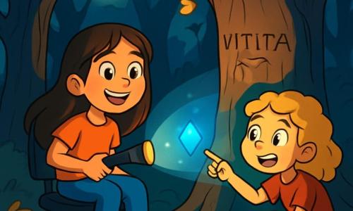 Ci sono 2 personaggi principali: Sofia, una ragazza di 10 anni con lunghi capelli castani e un sorriso contagioso, seduta su una sedia a rotelle, che tiene una torcia, e Marta, una ragazza di 10 anni con capelli biondi e ricci, accovacciata accanto a Sofia, con occhi brillanti di eccitazione, che punta verso un grande albero antico. La scena si svolge in un parco buio e misterioso, pieno di alberi con tronchi nodosi e foglie dorate che cadono dolcemente. La luce della luna filtra tra i rami, creando ombre danzanti sul terreno. Al centro, un grande albero si erge con un'iscrizione antica incisa sulla sua corteccia, circondato da un bagliore bluastro che emana da un misterioso cristallo scintillante. Sofia e Marta, incuriosite e un po' spaventate, scoprono il messaggio inciso sull'albero, mentre una luce misteriosa brilla attorno al cristallo, illuminando i loro volti con un bagliore magico.