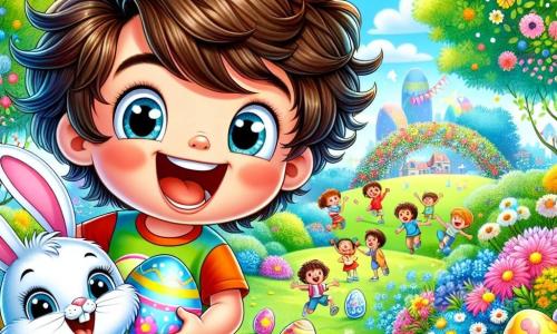 Un niño de 11 años, llamado Tomás, se encuentra en el centro de la imagen, con el cabello castaño alborotado y una gran sonrisa en su rostro. Lleva una camiseta colorida y un pantalón corto, sosteniendo un huevo de Pascua decorado con colores vivos, expresando una alegría contagiosa. A su lado, un adorable conejito blanco, el famoso Conejito de Pascua, con grandes orejas y una pajarita roja, mira a Tomás con ojos brillantes de emoción. Al fondo, se ve un parque primaveral, lleno de flores brillantes, árboles verdes y risas de niños que juegan. El cielo es de un azul brillante, salpicado de nubes blancas esponjosas. La escena representa a Tomás y al Conejito de Pascua preparando huevos coloridos para la gran búsqueda de huevos de Pascua, rodeados de la magia y la alegría de esta festividad.