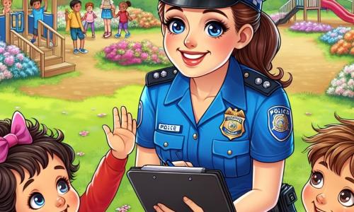 Una poliziotta sorridente, di circa 30 anni, con i capelli castani raccolti in uno chignon e indossando una divisa blu brillante, si china con benevolenza per parlare a un gruppo di quattro bambini. Ha occhi scintillanti di gioia e un'espressione determinata, tenendo un taccuino in una mano. Marco, un ragazzo di 8 anni con capelli ricci e una maglietta rossa, si trova accanto a lei, con gli occhi spalancati per ammirazione, mentre Sofia, una ragazza di 7 anni con un grande fiocco rosa nei capelli, alza la mano per fare una domanda, il suo viso che brilla di entusiasmo. Il contesto si svolge in un parco soleggiato, con alberi verdi, fiori colorati e un'area giochi sullo sfondo, dove altri bambini giocano felicemente. La scena principale mostra la poliziotta che spiega ai bambini l'importanza della sicurezza e delle regole, incoraggiandoli a fare domande, creando così un momento di apprendimento e condivisione.