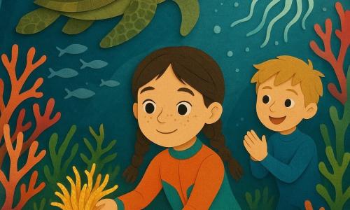Ein 8-jähriges, erstauntes und sanftes Mädchen mit rundem Gesicht und Sommersprossen, braunen Zöpfen und buntem Tauchanzug streckt die Hand zu einer goldgespitzten, schimmernden Anemone, lächelt schüchtern mit großen leuchtenden Augen; ein etwa gleichaltriger Junge (Max) mit kurzen blonden Haaren und blauem Tauchanzug schwebt dahinter und klatscht freudig; eine alte, weise Meeresschildkröte mit grünbrauner, abgenutzter Panzer wacht ruhig über ihnen; ein kleiner knallroter Krabbenkreb sitzt links im Seegras und winkt mit der Schere; eine durchscheinende, leuchtende Qualle rechts beleuchtet die Szene mit silbernen Blasen; die Umgebung ist ein Labyrinth aus farbigem Korallenriff mit rosa, roten und orangen Zweigen, grünen Seegrasfeldern, silbernen Fischschwärmen, goldenen Sonnenstrahlen und verstreuten Perlen auf sandigem Grund; Hauptszene: das Mädchen in einer kleinen Unterwasserhöhle berührt zart die Anemone, die einen perligen Schimmer aussendet — magische, ruhige Schutzatmosphäre, papierartig geschichtete Texturen, kräftige Farben, klare Konturen und weiche Schatten.