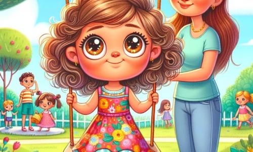 Uma menina de 2 anos, com grandes olhos brilhantes e cabelos cacheados, está sentada em um balanço. Ela tem um sorriso tímido, mas alegre, com as bochechas rosadas de excitação. Ela veste um vestido florido e sandálias amarelas. Ao lado dela, sua mãe, uma mulher de cerca de 30 anos, com cabelos longos e lisos, a observa com um sorriso tranquilizador. Ela está em pé, com as mãos na cintura, vestindo uma camiseta azul e calça jeans. O cenário é um parque ensolarado, com árvores verdes luxuosas, flores coloridas e outras crianças brincando ao longe. O céu é de um azul brilhante, salpicado de algumas nuvens brancas e fofas. A menina balança suavemente, um misto de excitação e nervosismo em seu rosto, enquanto sua mãe a incentiva com ternura.