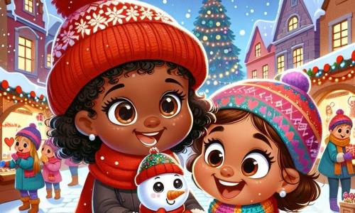 Una niña de 7 años, con grandes ojos curiosos y una sonrisa radiante, lleva un gorro rojo tejido por su abuela. Sostiene un pequeño muñeco de nieve hecho de piñas, con su rostro iluminado por la emoción y la magia de la Navidad. A su lado, otra niña, Sofía, de 8 años, con cabello rizado y una bufanda colorida, sonríe alegremente mientras muestra una hermosa bufanda de lana que vende con su abuela. Al fondo, la plaza del pueblo de Villanieve está decorada con luces brillantes y un gran árbol de Navidad, rodeado de coloridos puestos que ofrecen dulces y juguetes de madera, mientras la nieve cae suavemente, creando un ambiente mágico. La escena representa el momento en que Mariana, la niña, se reencuentra con su madre después de una pequeña aventura en el mercado navideño, rodeada de risas y alegría, simbolizando el cálido y mágico espíritu de esta época festiva.
