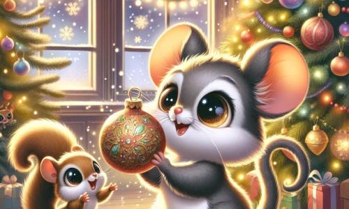 Een klein knaagdier met grote oren en grijze vacht, met sprankelende ogen van vreugde, danst rond een kerstboom versierd met kleurrijke slingers en glinsterende ballen, met een stralende glimlach op zijn gezicht. Naast hem staat een schattige eekhoorn met een bruine vacht en een pluizige staart, met ogen vol verwondering, die lachend een kerstbal gooit, dicht bij de boom, vol geluk. De scène speelt zich af in een warme kamer, verlicht door kerstlichtjes, met zacht vallende sneeuwvlokken buiten door een raam, wat een feeërieke sfeer creëert. Het kleine knaagdier en zijn eekhoornvriendin hebben plezier met een oude magische kerstbal, omringd door glinsterende sneeuwvlokken die om hen heen dansen, en vullen de kamer met vreugde en kerstmagie.