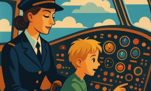 Eine Pilotin, Mira, sitzt konzentriert und gelassen im Cockpit eines Flugzeugs, mit einer leicht schief sitzenden Pilotenmütze. Sie hat braune, zu einem Zopf gebundene Haare und trägt eine dunkelblaue Uniform mit goldenen Schulterklappen. Neben ihr beobachtet ein 11-jähriger Junge, Jona, fasziniert die Instrumente des Armaturenbretts. Er hat zerzauste blonde Haare und trägt ein grünes T-Shirt. Das Cockpit ist voller bunter Knöpfe und blinkender Lichter, mit einem großen Fenster, das den Blick auf den blauen Himmel und die bauschigen Wolken freigibt. Das Flugzeug ist im Flug, gleitet sanft durch die Wolken und schafft eine Atmosphäre der Ruhe und Beherrschung.