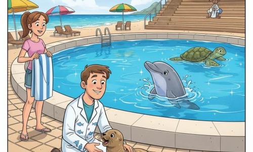 Um veterinário sorridente e gentil, cabelos castanhos curtos, de jaleco branco com pequenos peixes, ajoelhado na borda de uma grande piscina azul, segura uma maleta azul e acaricia ternamente um filhote de leão-marinho; à esquerda, a bióloga Júlia, cerca de 25 anos, cabelo castanho preso em rabo de cavalo, roupa casual, segura uma grande toalha listrada e observa com admiração; outro filhote menor brinca com um peixinho de borracha, o golfinho Zeca, prateado, ergue a cabeça fora da água saudando com respingos brilhantes, e a tartaruga gigante Dona Sal flutua ao fundo; local: centro marinho na praia com piscina circular azul intensa, gradis de madeira e guarda-sóis coloridos; cena calorosa e reconfortante, cores vivas, traço de banda desenhada europeu, expressões exageradas e amigáveis, composição centrada no trio veterinário–filhote–bióloga.