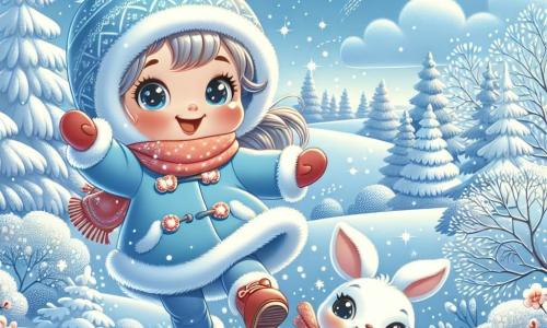 Una bambina di un anno, con grandi occhi brillanti e guance rosa, indossa un bel cappotto blu, guanti rossi e un berretto giallo. Sta saltando felicemente nella neve, spruzzando fiocchi intorno a lei con un grande sorriso meravigliato sul volto. Accanto a lei, un piccolo coniglio bianco, con grandi orecchie e pelo morbido, salta nella neve, sembrando giocherellone e felice. Sullo sfondo, un pettirosso rosso, posato su un ramo d'albero innevato, canta una dolce melodia, aggiungendo un tocco di magia alla scena. Il luogo è un paesaggio invernale incantevole, con alberi coperti di neve scintillante, un cielo azzurro e colline bianche a perdita d'occhio. La scena principale mostra la bambina che gioca nella neve, circondata dai suoi nuovi amici animali, condividendo momenti di gioia e meraviglia nel scoprire le bellezze dell'inverno.