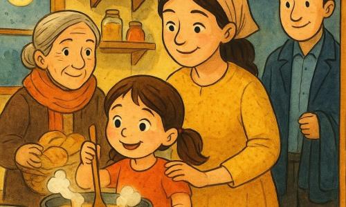 A joyful 4-year-old girl with brown pigtails stirs a steaming pot with a large wooden spoon in the center of a warm, bright kitchen while her mother, about 30, stands beside her with a gentle smile and a hand on the girl's shoulder; a gray‑haired grandmother holding a basket of bread enters by the door and a shy neighbor in his mid‑30s stands behind her with a coat over his arm, all gathered around a table under a round moonlit window as the girl's steam forms a small smiling cloud symbolizing "kindness".