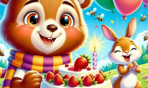 Al centro dell'immagine, un giovane orso bruno di nome Tobia, con il pelo morbido e gli occhi scintillanti di gioia, sorride ampiamente mentre tiene una enorme fetta di torta alla fragola. Indossa una sciarpa a righe con motivi di api, e il suo naso è leggermente appiccicoso di miele, rendendolo ancora più adorabile. Accanto a lui, Emma la lepre, con il pelo beige e le grandi orecchie in piedi, salta di gioia tenendo un pallone rosa acceso. Ha un sorriso radioso e i suoi occhi brillano di eccitazione. Poco più in là, il vecchio signor Tasso, un animale dal pelo bruno con un cappello buffo, applaude con entusiasmo, il suo viso che irradia orgoglio per Tobia. La scena si svolge in un bel prato verde, punteggiato di fiori colorati e illuminato dalla luce dorata del sole. Palloni di tutti i colori fluttuano nell'aria, e un grande tavolo è imbandito con torte, caramelle e bevande frizzanti. La situazione principale mostra Tobia circondato dai suoi amici, tutti intenti a cantare 