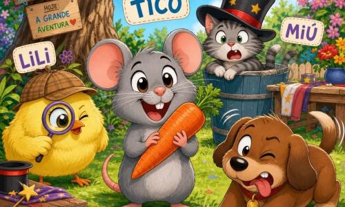 Um pequeno rato cinza chamado Tico, alegre e entusiasmado, com grandes orelhas arredondadas e olhos brilhantes, sorri segurando uma cenoura laranja nas patinhas no centro; à esquerda, uma galinha amarela e redonda chamada Lili, com penas felpudas, segura uma lupa de brinquedo em pose de detetive; à direita, um cão marrom e rechonchudo chamado Bolota, com rabo comprido abanando, faz uma careta cômica pronto para tropeçar; atrás de Tico, um gato tigrado cinza e esguio chamado Miú, usando um grande chapéu de mágico, está preso até a metade em um balde, surpreso e divertido; ao fundo, a sorridente Dona Rosa, cabelos brancos em coque, segura um pacote de pipoca junto a uma cerca de madeira azul; tudo em um quintal ensolarado com grama verde, flores coloridas, uma árvore antiga de galhos retorcidos e uma mesa de madeira, em cena de ensaio teatral festivo com guirlandas, acessórios e atmosfera calorosa e divertida.