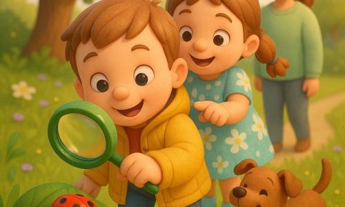 A smiling, wide-eyed 4-year-old boy with short light-brown hair, round cheeks, a yellow jacket and red boots holds a green magnifying glass to examine a red-and-black ladybug on a leaf; nearby a cheerful 4-year-old girl, Lily, with brown braids and a light-blue floral dress looks over his shoulder and points at the leaf; a kindly mother with tied-back hair in a pastel-green sweater stands a few steps away smiling; a small brown dog, Max, barks softly and wags his tail at their feet; spring garden with dense green grass, small white and purple flowers, a large tree with a nest and a light dirt path; warm late-afternoon light, long shadows, soft calm atmosphere; composition focuses on the magnifying glass and ladybug in close-up, characters arranged in a triangle, blurred background