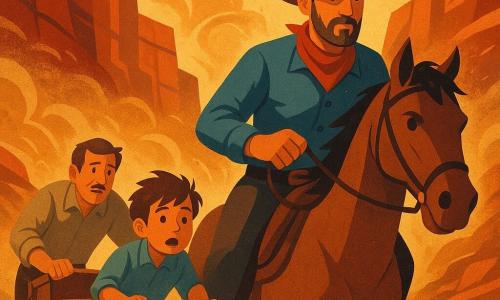 Eli, calm dar hotărât, cu fața bronzată, barbă scurtă și pălărie de cowboy prăfuită, călare ca ghid ținând uzura, stă în față; Tom, băiat de ~8 ani cu păr șuvițat, împinge o roată mică a căruței din lemn aflată la stânga calului; tatăl lui Tom, în jur de 40 de ani, cu mâini bătătorite, ajută din spate-dreapta; câinele Pistrui, mic, alb cu pete negre, latră alergând în fața roții din față; toți străbat un canion îngust cu pereți roșii striați, potecă prăfuită și bolovani ascuțiți, bătuti de o furtună de praf galben-ocru care ridică vârtejuri de nisip; scenă dinamică, urgentă dar solidară, siluete clare, contrast puternic, paletă caldă de ocres, roșii și albastru, formă grafică cu contururi nette și textură granuloasă, lumină de apus joasă.