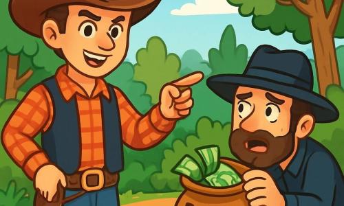 Un cowboy, un bărbat de aproximativ 25 de ani, stă mândru în centrul imaginii. Poartă o pălărie mare de cowboy maro, o cămașă în carouri roșii și o vestă din piele neagră. Fața lui este marcată de o expresie determinată și curajoasă, cu ochi strălucitori și un zâmbet ușor. El își îndreaptă degetul spre un bandit, privindu-l cu încredere. La dreapta lui, un bandit, un bărbat de aproximativ 30 de ani, cu o barbă zbârlită și o pălărie neagră, pare surprins și îngrijorat. El este ghemuit lângă o masă mică din lemn, căutând disperat o geantă plină cu bani. În fundal, o pădure densă cu copaci verzi și arbuști groși înconjoară o poiană însorită. Solul este acoperit cu pământ roșiatic și pietricele mici, în timp ce un cer albastru deschis se întinde deasupra, presărat cu câteva nori albi pufoși. Situația principală arată cowboy-ul confruntând banditul, pregătit să recupereze banii furați, într-o atmosferă de tensiune și aventură.