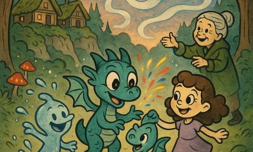 Ein kleiner Drache namens Zim, fröhlich und schüchtern, bläst bunte Funken; irisierende blau-grüne Schuppen, runde glänzende Augen, kleine flexible Flügel, begrüßende Haltung, in der Mitte der Lichtung und wirft rote, gelbe und blaue Glitzersplitter in die Luft. Lila, etwa 9 Jahre alt, lockiges braunes Haar, schlichte lavendelfarbene Kleidung, lachendes Gesicht, funkelnde Augen, tanzt Hand in Hand mit Zim, etwas vor rechts. Tilo, Wassergeist, durchscheinend-silbrig mit blauen Schimmern, zarte Spritzer und winzige springende Fontänen wie Perlen, vor Zim links-mittig. Miri, Nebelgeist, wei ß-graue vaporelle Silhouette mit sanften Augen, schwebt über der Gruppe und formt leuchtende Nebelbänder. Hilda, alte Frau (~70), grauer Dutt, grüner Wollmantel, lächelt und streckt die Hand von einem Rand der Lichtung im Hintergrund aus. Die Lichtung liegt am Rand eines klippenhängenden Dorfes: hölzerne Häuser mit moosbedeckten Dächern, Steinweg, smaragdgrüner Moosteppich, rot-orange Pilzlaternen, die den Boden erhellen, dämmriger Himmel in Pfirsich- und Indigo-Tönen. Hauptszene: großes Versöhnungsfest, fröhliche, leuchtende Atmosphäre, Menschen und Kreaturen tanzen zusammen; bunte Lichter, funkelnde Wassertropfen, kleine Funken und Nebelschwaden bilden einen Freundschaftskreis um die Figuren.