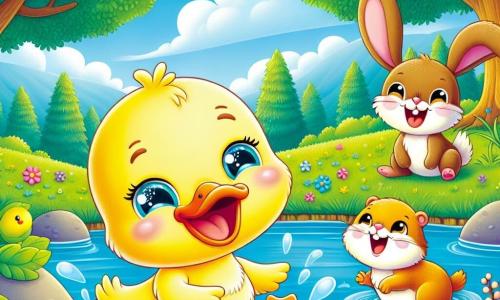 Ein kleiner gelber Entchen namens Max mit einem großen Lächeln und funkelnden Augen taucht in einen Teich ein und spritzt Wasser um sich herum. Neben ihm sitzt eine kleine rote Maus namens Mia mit großen Ohren und einem zappelnden Schwanz auf einem Stein am Wasser und lacht. Ein junger Hase namens Benny mit großen Ohren und braunem Fell springt fröhlich auf dem grünen Gras und ist bereit, am Wettlauf teilzunehmen. Im Hintergrund ist die Landschaft mit großen Bäumen, bunten Blumen und einem klaren blauen Himmel mit flauschigen weißen Wolken gefüllt. Die Szene zeigt Max, der Spaß beim Schwimmen und Spielen hat, während seine Freunde ihn ermutigen, an einem fröhlichen Wettrennen um den See teilzunehmen.