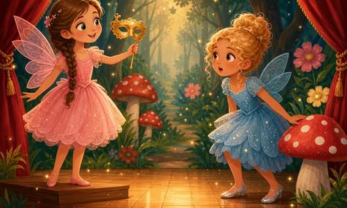 Hay dos niñas de unos 9 años: a la izquierda una de cabello castaño largo trenzado, piel clara y ojos verdes, de pie en un escalón del escenario, sonriente y mirando a la derecha con un pequeño antifaz dorado en la mano; a la derecha una rubia rizada recogida en moño, piel ligeramente bronceada y ojos avellana, ligeramente agachada con la mano sobre un decorado en forma de hongo y expresión de sorpresa. Ambas visten vestidos de hada (rosa con destellos la primera, azul brillante la segunda) y alas translúcidas, en un pequeño teatro de barrio con escenario de madera, telón rojo entreabierto, iluminación cálida y decorado de bosque encantado (árboles verdes, flores grandes y hongos rojos con puntos), asientos de terciopelo rojo difuminados al fondo; la escena muestra su descubrimiento de una sorpresa en el bosque encantado, ambiente alegre y maravillado, gestos expresivos y pequeñas chispas doradas flotando alrededor, colores vivos y composición centrada en las niñas en primer plano.