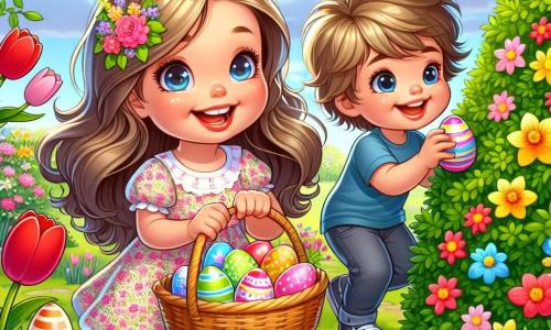 Ein 6-jähriges Mädchen, Mia, mit langen braunen Haaren und funkelnden Augen, lächelt fröhlich, während sie einen Korb voller bunter Eier hält. Sie trägt ein blumiges Frühlingskleid und rosa Schuhe und ist von leuchtenden Blumen im Garten umgeben. Neben ihr steht ihr Freund Leo, ein 6-jähriger Junge mit zerzausten blonden Haaren und einem blauen T-Shirt. Er sucht ein Ei, das hinter einem Busch versteckt ist, mit leuchtenden Augen vor Aufregung. Der Garten ist voller roter Tulpen, gelber Narzissen und summender Bienen, unter einem klaren blauen Himmel mit flauschigen weißen Wolken. Die Szene zeigt Mia und Leo, die Spaß beim Eiersuchen haben, umgeben von der bunten Schönheit des Frühlings, mit Lachen und einer fröhlichen Atmosphäre.