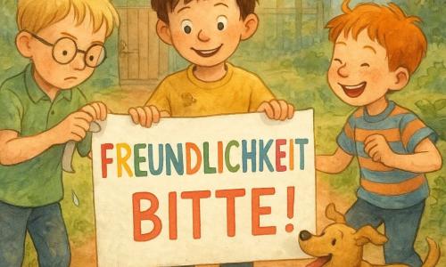 Drei siebenjährige Jungen: Milan (braune zerzauste Haare, gelbes T-Shirt mit Erdschmutz, hält mittig vor dem Tor ein leicht schiefes weißes Schild mit großer bunter Aufschrift „FREUNDLICHKEIT BITTE!“), Ben (blond, runde Brille, grünes Hemd, links von Milan, klebt konzentriert Klebeband an das Schild, nasse Ärmel) und Oskar (rotes Haar, Sommersprossen, blau-orange gestreiftes T-Shirt, rechts von Milan, lenkt fröhlich einen kleinen Hund ab, tanzt und zieht Grimassen); Ort: Gemeinschaftsgarten am späten Nachmittag mit roten Erdwegen, ordentlich angelegten Gemüsebeeten (Kürbisse, Karotten, Minze), leicht abgenutztem Holztor, hellblauer Geräteschuppen, kleinen Kräutern und Steinen, sanftem Licht und langen Schatten; Szene: die Freunde befestigen ihr Plakat am Tor, ein verspielter Hund versucht, daran zu schnüffeln und es zu bewegen — Bewegung, Lächeln und Vertrautheit, glänzende Wassertropfen, leicht im Wind wehendes Papier, deutliche, lustige Gesichtsausdrücke; Stil: helle, sanfte Aquarellmalerei mit leicht unscharfen Konturen, warmer Farbpalette (Gelb, Orange, zartes Grün, blasses Blau), sichtbarer Papiertextur, zarten Schatten, Komposition zentriert auf Schild und Kinder.