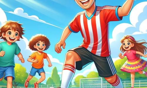 Un uomo, Luca, è al centro dell'immagine, sorridente con occhi brillanti di entusiasmo. Indossa una maglietta di calcio rossa, pantaloni neri e scarpe da ginnastica bianche. I suoi capelli castani sono leggermente scompigliati dal vento e sta dribblando un pallone da calcio su un prato verde.

Alla sua destra, un ragazzo di 10 anni, Marco, con capelli ricci e un grande sorriso, sta correndo con le braccia alzate in segno di gioia. Indossa una maglietta blu e pantaloni gialli. Alla sua sinistra, una ragazza di 9 anni, Sofia, con capelli lunghi e lisci, sta saltando di gioia, vestita con un abito colorato e scarpe rosa.

Il luogo è un parco soleggiato, con alberi verdi sullo sfondo, un cielo azzurro chiaro e nuvole bianche e soffici. Il campo da gioco è circondato dalle risate dei bambini e dall'odore dell'erba appena tagliata.

La situazione principale mostra Luca che gioca con i bambini, insegnando loro tecniche di calcio mentre condivide risate e incoraggiamenti, creando un'atmosfera gioiosa e amichevole.