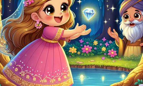 La principessa Sofia, una giovane con lunghi capelli dorati e occhi pieni di curiosità, si trova al bordo di un lago scintillante, con un sorriso incantato sul volto. Indossa un abito rosa decorato con fiori delicati, e le sue mani sono tese verso una gemma brillante che fluttua sopra l'acqua, illuminando il suo viso con una dolce luce. Vicino a lei, un piccolo uccello colorato, con piume blu vivo e un becco giallo, vola gioiosamente attorno a Sofia, cantando una melodia coinvolgente. Il luogo è un boschetto incantato, dove gli alberi maestosi hanno tronchi dorati e foglie scintillanti, creando un'atmosfera magica. Fiori luminosi crescono attorno al lago, e le lucciole danzano nell'aria, aggiungendo un tocco di magia alla scena. Sofia, piena di audacia, si prepara a afferrare la gemma dei sogni, simbolo di coraggio e felicità, mentre il vecchio saggio, un uomo dai capelli argentati e dalla lunga barba, osserva dall'ombra di un albero, con un sorriso benevolo sul volto, pronto a guidare la principessa nella sua ricerca.