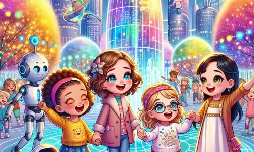 In un parco futuristico della città di Luce brillante, quattro amiche di cinque anni si tengono insieme, raggiante di gioia. Sofia, una bambina dai capelli ricci castani e dagli occhi scintillanti, sorride tenendo la mano di Mia, una bimba dai capelli biondi lisci con una fascia rosa. Luna, con i capelli neri e occhiali rotondi, osserva con curiosità un robot che balla accanto a loro. Ginevra, una bambina dai capelli rossi e trecce, ride indicando un grande edificio argentato che brilla al sole. Il parco è pieno di alberi con foglie scintillanti e fiori multicolori che sembrano danzare al ritmo del vento. Strutture futuristiche a forma di bolla e giochi luminosi si estendono attorno a loro, mentre robot amichevoli interagiscono allegramente con i bambini. Le quattro amiche, meravigliate, scoprono un grande pannello luminoso che annuncia un'avventura magica in arrivo, pronte a esplorare ciò che Luce brillante ha da offrire.
