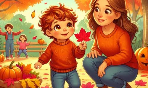 Un bambino di 2 anni, con capelli castani e ricci, e grandi occhi brillanti di curiosità, si trova al centro dell'immagine. Sorride gioiosamente mentre tiene in mano una foglia d'autunno rossa. Accanto a lui, sua madre, una donna di circa 30 anni con capelli lunghi e castani, indossa un maglione arancione e jeans, e lo osserva con tenerezza, pronta ad aiutarlo a raccogliere altre foglie. Il contesto è un parco autunnale, pieno di alberi con foglie dai colori vivaci. Il suolo è coperto di foglie cadute, creando un tappeto colorato. In lontananza si vedono altri bambini che giocano e ridono. La scena principale mostra il bambino meravigliato dalla bellezza delle foglie che cadono, mentre la madre lo incoraggia a esplorare e godere della magia dell'autunno.