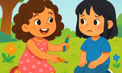 A 6-year-old girl, Mia, with curly brown hair and sparkling eyes, joyfully smiles while holding colored pencils in her hands. She wears a pink polka dot dress and sits on the green grass, surrounded by colorful drawings. Next to her, Lily, a 6-year-old girl with straight black hair, wears a blue t-shirt and slightly worn jeans. She looks timidly at Mia, sitting a bit withdrawn, with a hesitant expression on her face. The setting is a sunny park filled with multicolored flowers, featuring a large tree providing welcoming shade and a clear blue sky. The main scene shows Mia extending a pencil to Lily, offering her a warm smile, while colorful butterflies flutter around them, symbolizing friendship and acceptance.