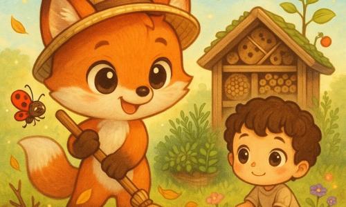 Uma pequena raposa antropomórfica chibi, pelagem ruiva brilhante com tons acobreado, olhos grandes e brilhantes, sorriso curioso; alegre e concentrada, usa um pequeno chapéu de palha e segura uma vassourinha de madeira enquanto varre um monte de folhas. Uma joaninha chibi vermelha com pintas pretas voa perto do cabo da vassoura, expressiva e travessa. Um menino humano chibi de cabelos encaracolados e olhos grandes, roupa simples com manchas de terra, sorriso tímido, ajuda a recolher as folhas com um baldinho ao lado da raposa. Ao fundo, um hotel de insetos rústico de madeira com pequenas aberturas e musgo, junto a um canteiro de ervas aromáticas. Jardim abundante e luminoso: terra úmida, gravetos, flores silvestres coloridas, uma macieira pequena e céu azul claro com nuvens. Tarde de primavera com luz dourada, folhas rodopiando e gotas de orvalho cintilantes; atmosfera acolhedora e de descoberta. Estilo chibi kawaii, cores vivas, texturas suaves, traços nítidos, composição centrada adequada para capa de livro infantil.