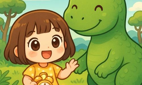 Uma menina de 4 anos, alegre e maravilhada, cabelos castanhos curtos, olhos grandes e bochechas rosadas, veste um vestido amarelo com bolinhas brancas e segura um pequeno despertador dourado que brilha; ao lado dela, um dinossauro verde amigável, grande e arredondado, de pele escamosa, sorri e a inclina com a pata próxima como se a protegesse; ao fundo, uma paisagem pré-histórica clara com gramíneas, samambaias, árvores retorcidas e colinas sob um céu azul com nuvens, criando uma cena calorosa e segura em torno do despertador mágico.