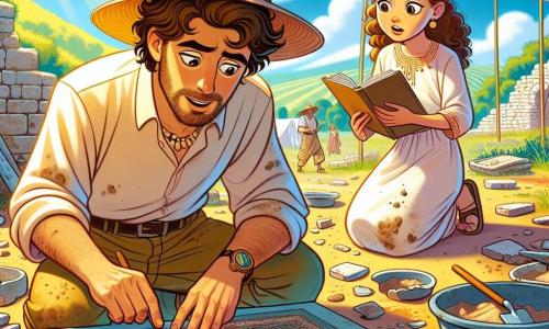 Um arqueólogo, Miguel, com cerca de 35 anos, está no centro da cena, usando um chapéu de palha largo e uma camisa bege ligeiramente suja de terra. Seu rosto expressa excitação e curiosidade, e seus olhos brilham de entusiasmo enquanto examina um fragmento de cerâmica delicado com um pincel. À sua direita, uma jovem de 20 anos, Sofia, com cabelos castanhos e cacheados, observa atentamente, com um caderno na mão, pronta para anotar suas descobertas. O cenário é um sítio arqueológico ensolarado, cercado por colinas verdejantes e antigas pedras romanas parcialmente enterradas no solo. Ferramentas de escavação, como pás e baldes, estão espalhadas ao redor, e uma tenda branca se ergue ao fundo, abrigando objetos preciosos encontrados. A cena principal mostra Miguel e Sofia em plena descoberta, enquanto desenterram uma antiga parede de pedra, revelando segredos do passado, com raios de luz iluminando os fragmentos de mosaico coloridos que emergem da terra.