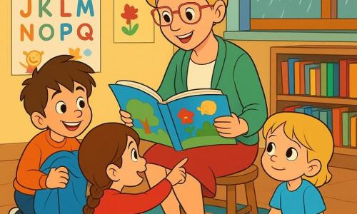 Nauczycielka ok. 35 lat, jasne blond włosy w prostym koku, czerwone okulary, ciepły uśmiech, siedzi na małym stołku i czyta dużą, kolorową książkę na kolanach; obok po lewej kuca 9-letni Kuba, rozczochrane brązowe włosy, uśmiechnięty, trzyma mały niebieski kocyk; przed nauczycielką na kolanach siedzi 8-letnia Zosia, kasztanowe włosy w warkoczu, skupiona, wskazuje ilustrację; po prawej 7-letnia Emilka, krótkie blond włosy, wzruszone oczy, trzyma połamane kredki i patrzy z wdzięcznością na nauczycielkę; jasna sala z kolorowymi ścianami, plakatami alfabetu, półką z książkami, okrągłym dywanem w gwiazdki i widocznym deszczem za oknem; scena przedstawia ciepłe czytanie grupowe, atmosferę dobroci i wsparcia, nauczycielka otoczona dziećmi, miękkie światło i ciepłe kolory.