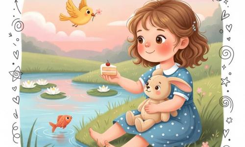 A smiling, wide-eyed 2-year-old girl with light curly brown hair sits in the grass by a dusk pond in a blue-and-white polka-dot dress, offering a small piece of cake to a beige plush rabbit she holds, while a beige stuffed rabbit beside her seems to receive it, an orange fish flicks its fin at the pond's edge, a yellow bird brings a small flower, white lily pads and round pebbles dot the foreground, and a pastel sky with a first twinkling star reflects rosy and blue tones on the water.